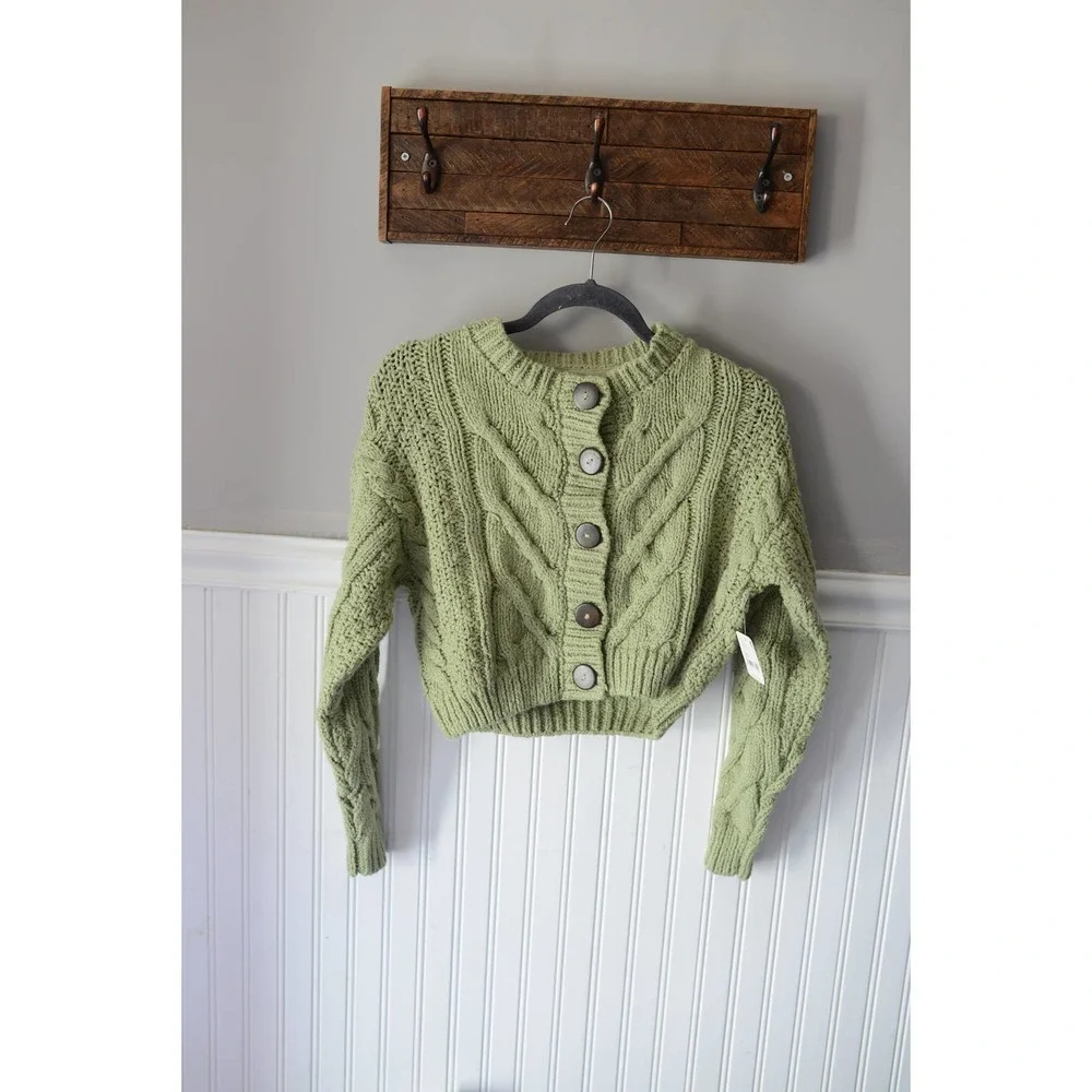 Free People Bonfire Cardi Sweater XL Green New - Picture 2 of 6